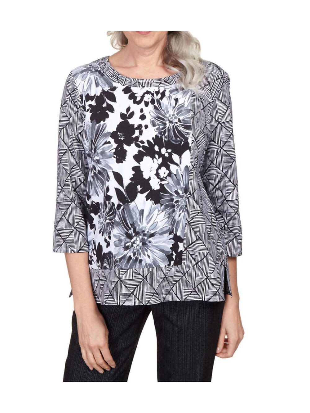 Alfred Dunner Womens Black White Floral print Blouse 3/4 Sleeve Top sz XL petite